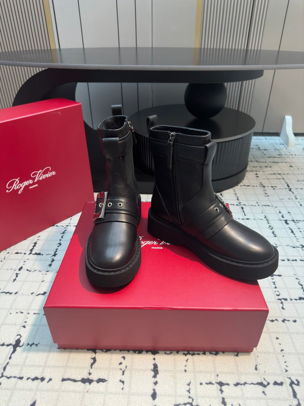 VIV' RANGERS BIKER BOOTIES IN BLACK CALFSKIN WITH METAL BUCKLE