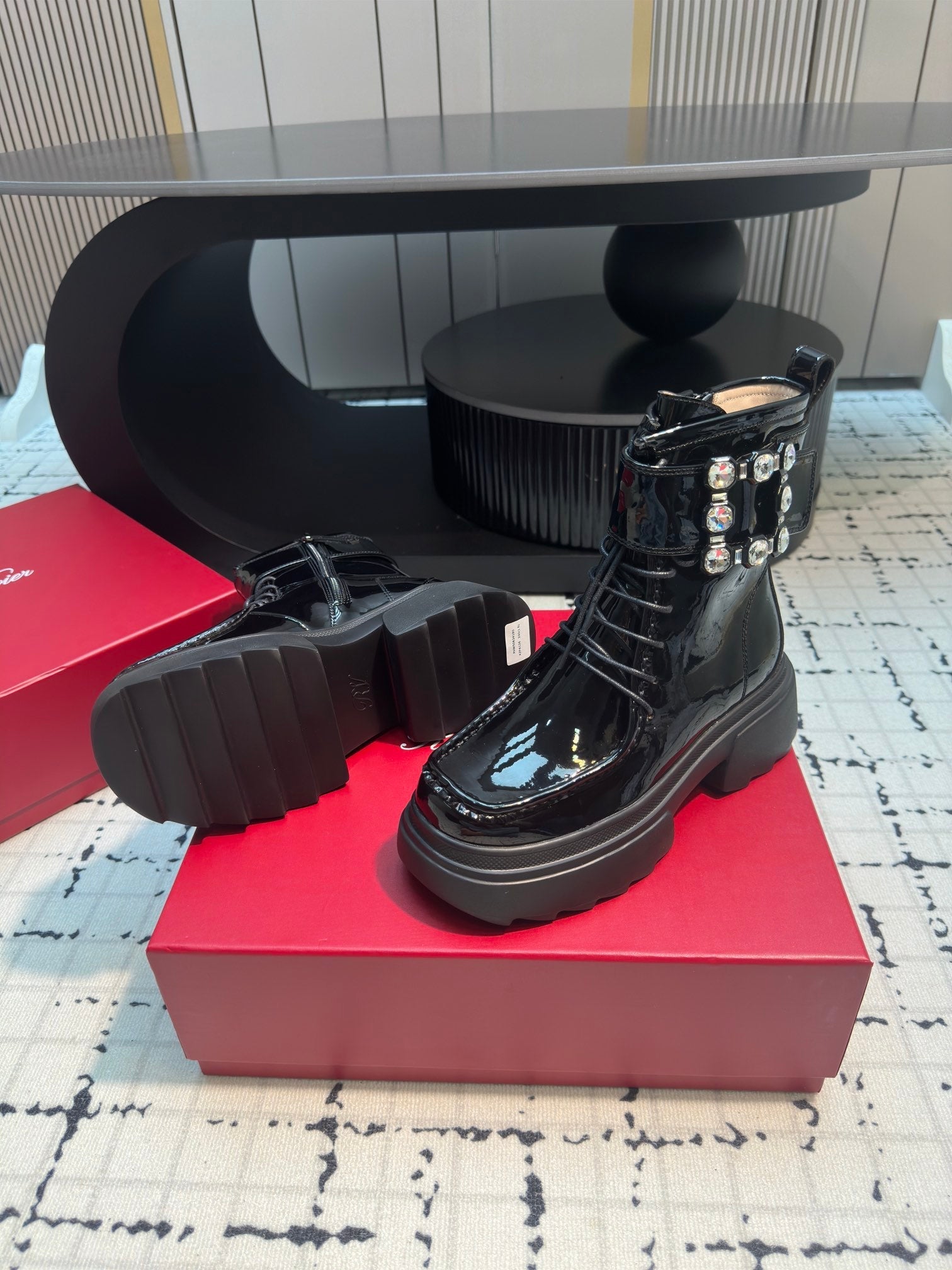 VIV' RANGERS ANKLE BOOTS IN BLACK PATENT LAMBSKIN STRASS BUCKLE