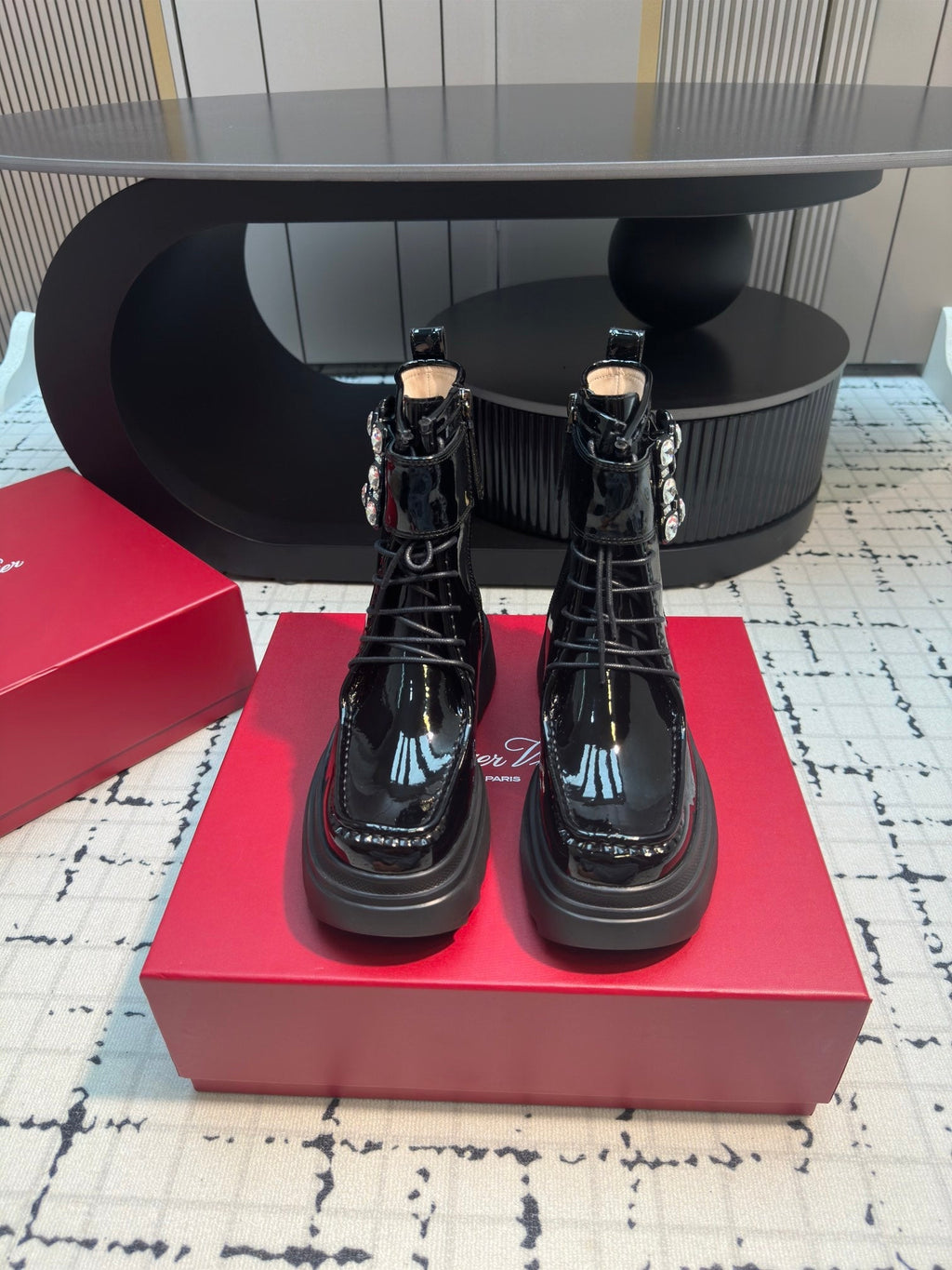 VIV' RANGERS ANKLE BOOTS IN BLACK PATENT LAMBSKIN STRASS BUCKLE