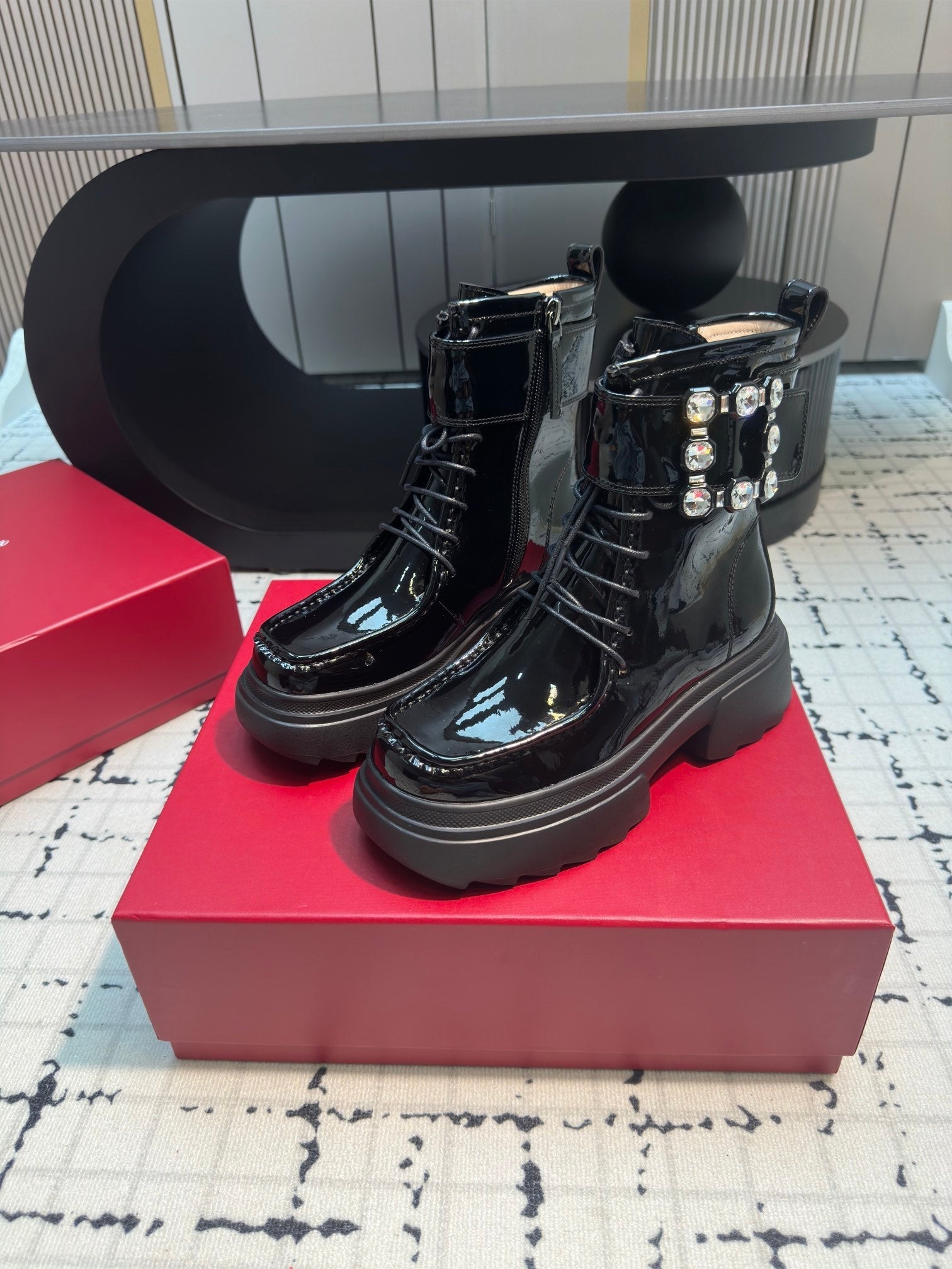 VIV' RANGERS ANKLE BOOTS IN BLACK PATENT LAMBSKIN STRASS BUCKLE