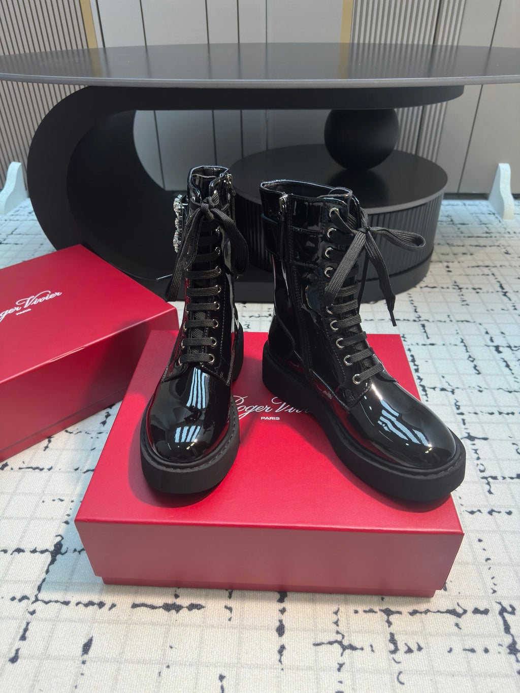 VIV' RANGERS STRASS BUCKLE BOOTS IN BLACK PATNET CALFSKIN EMBELLISHED BUCKLE