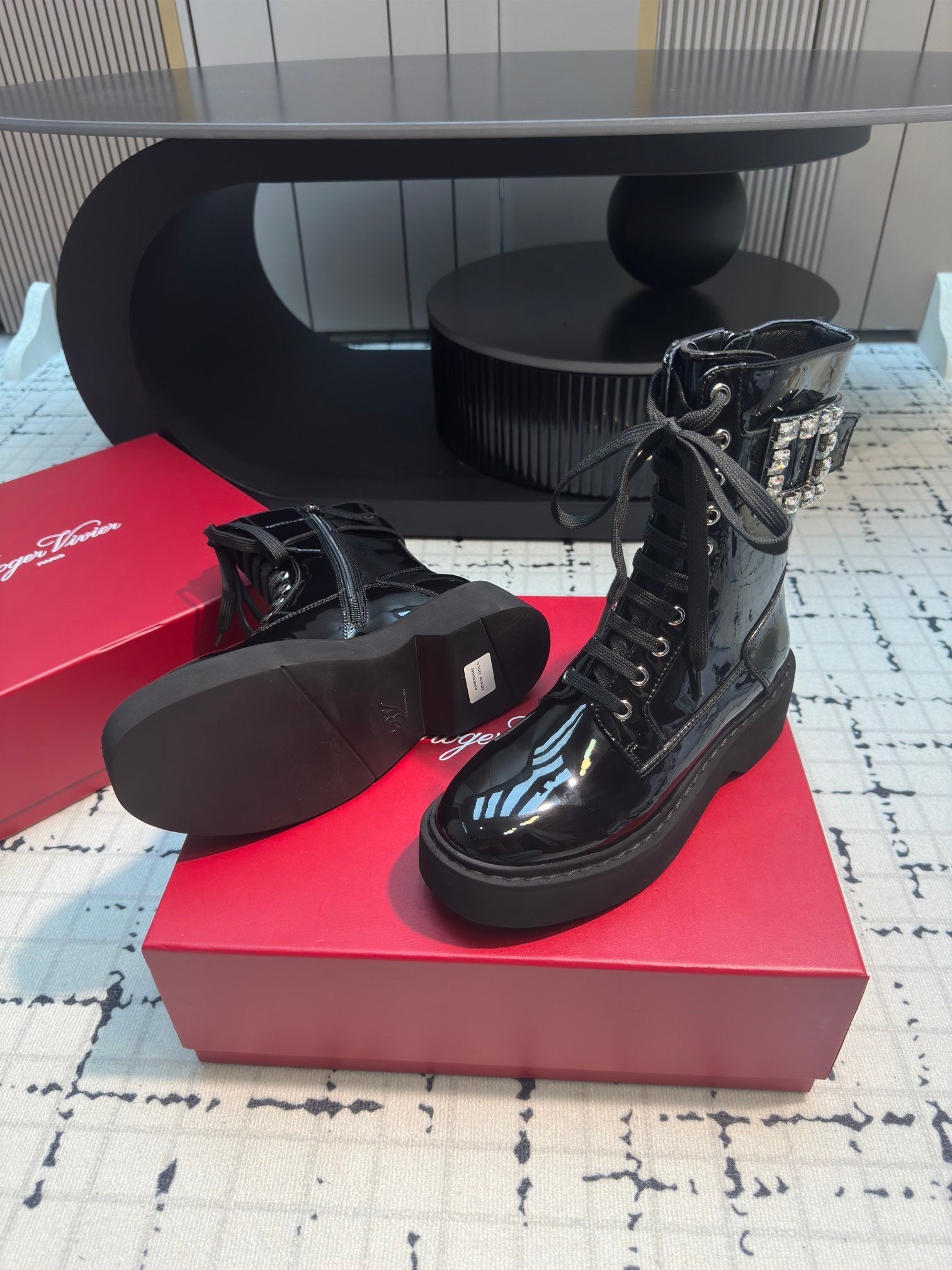 VIV' RANGERS STRASS BUCKLE BOOTS IN BLACK PATNET CALFSKIN EMBELLISHED BUCKLE