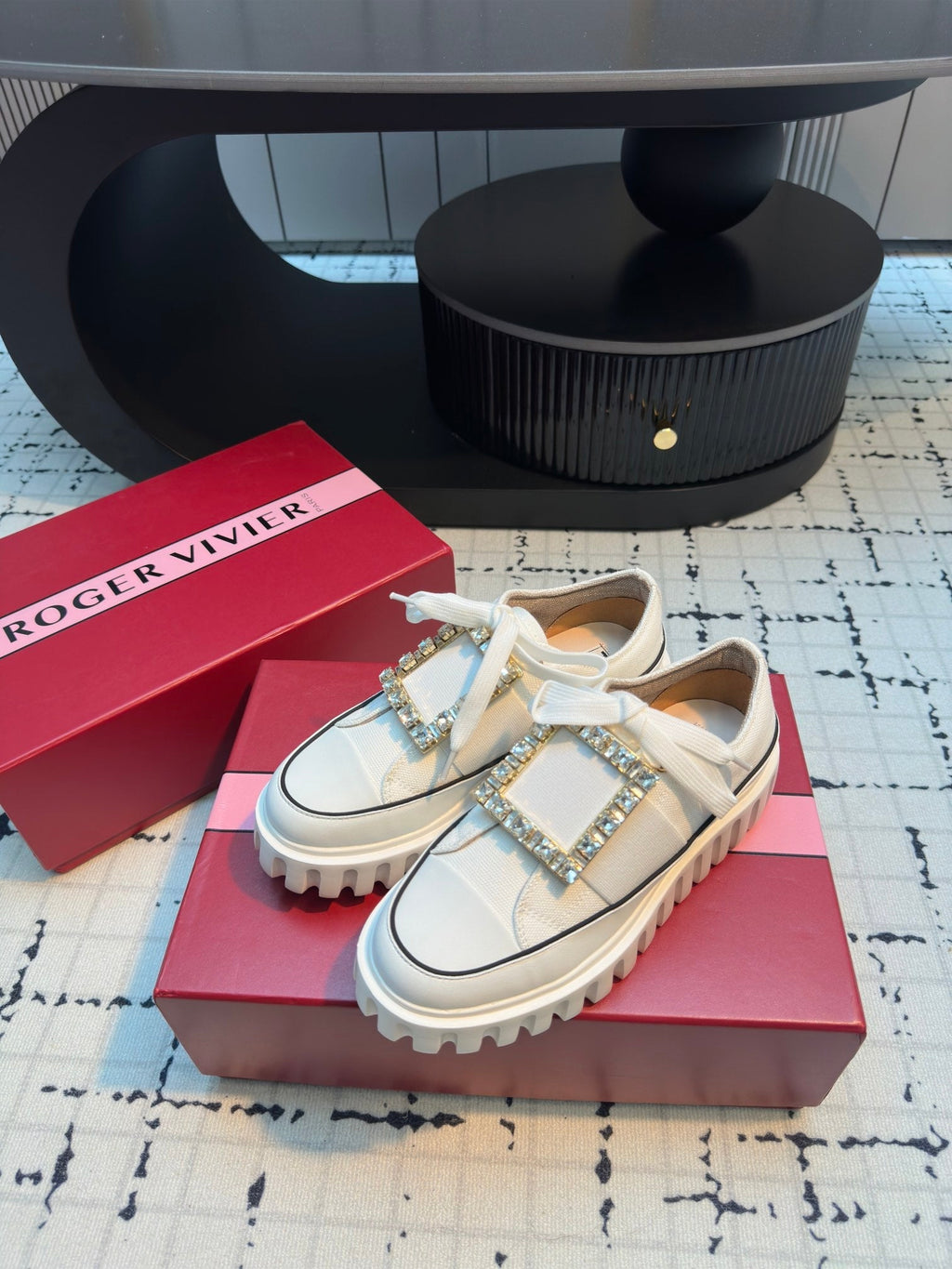 VIV' GO-THICK STRASS BUCKLE SLIP-ON SNEAKERS IN WHITE CANVAS