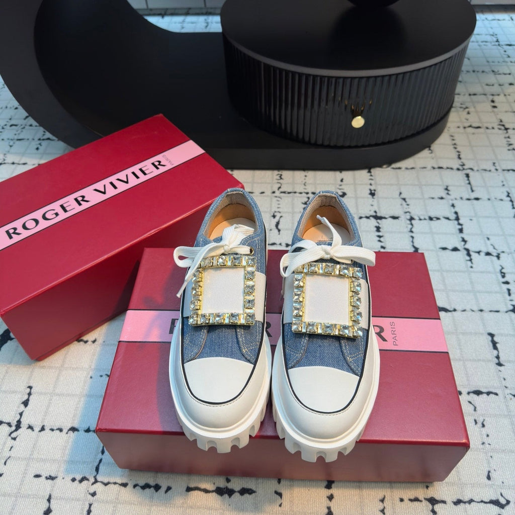 VIV' GO-THICK STRASS BUCKLE SLIP-ON SNEAKERS IN BLUE DENIM