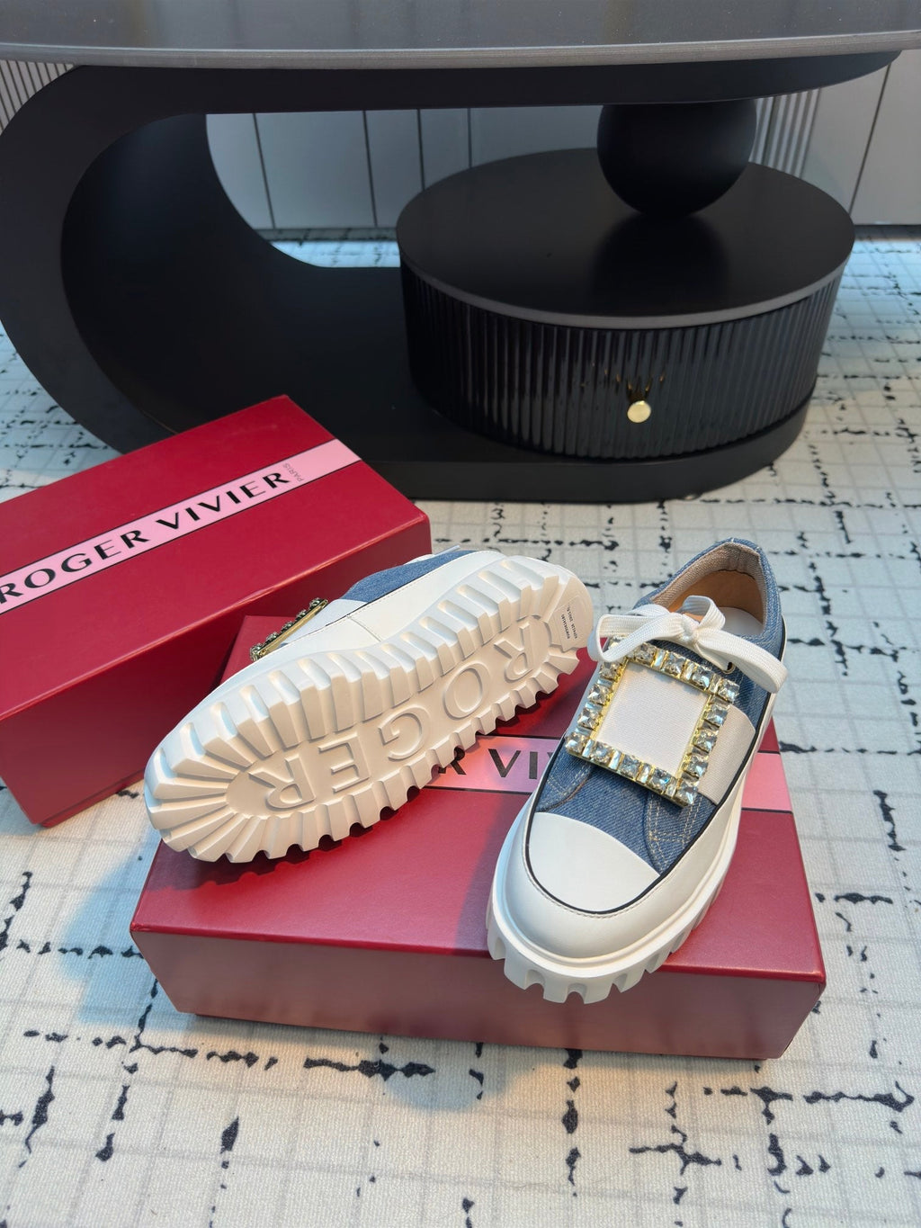 VIV' GO-THICK STRASS BUCKLE SLIP-ON SNEAKERS IN BLUE DENIM