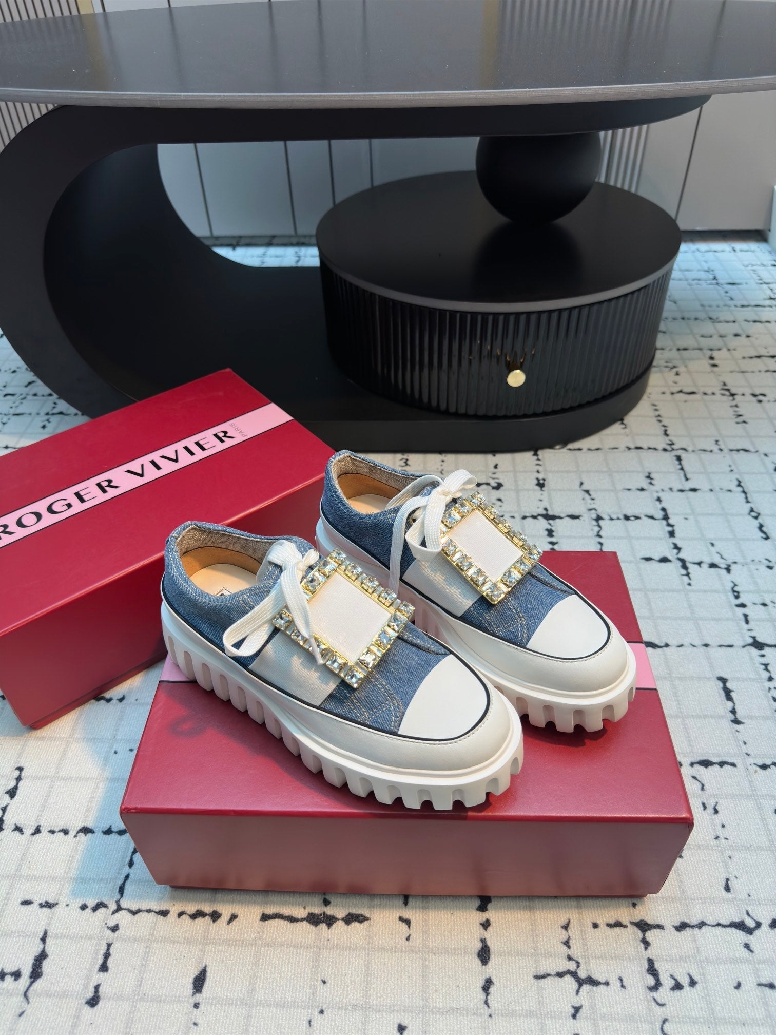 VIV' GO-THICK STRASS BUCKLE SLIP-ON SNEAKERS IN BLUE DENIM