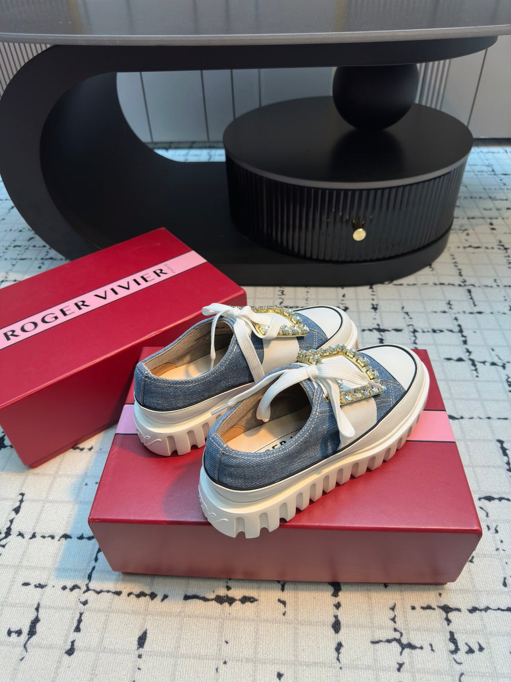 VIV' GO-THICK STRASS BUCKLE SLIP-ON SNEAKERS IN BLUE DENIM