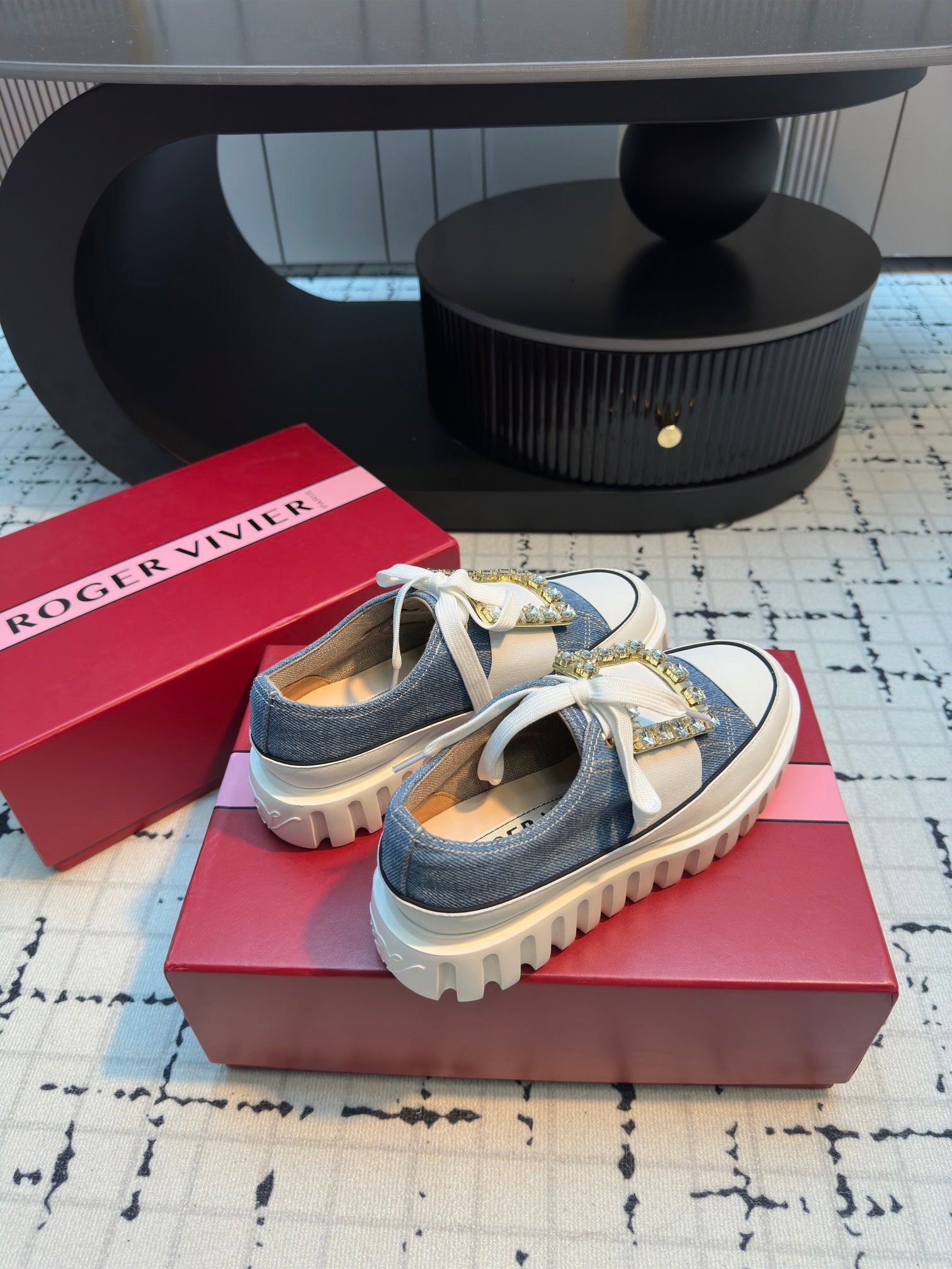 VIV' GO-THICK STRASS BUCKLE SLIP-ON SNEAKERS IN BLUE DENIM