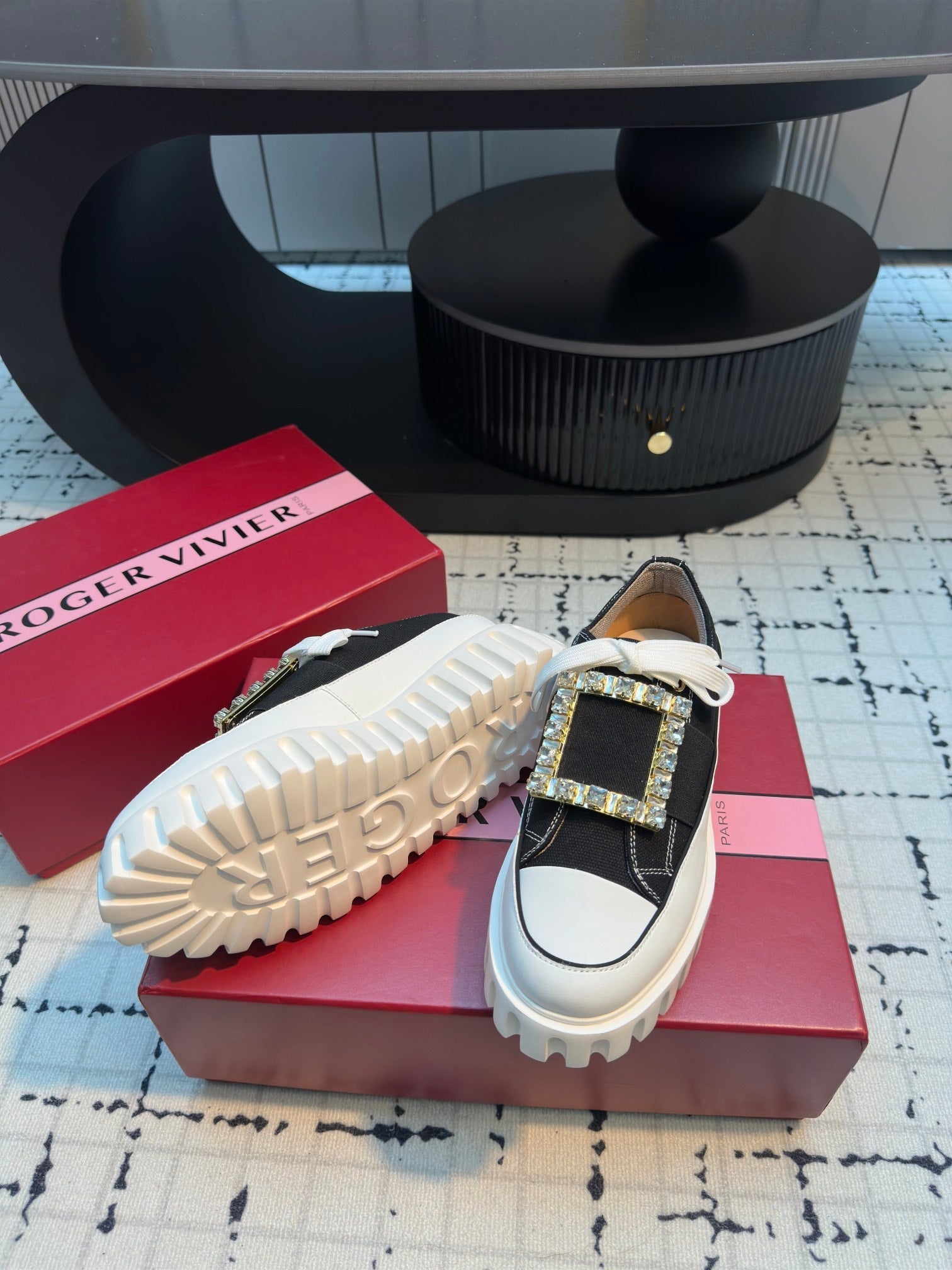 VIV' GO-THICK STRASS BUCKLE SLIP-ON SNEAKERS IN BLACK CANVAS