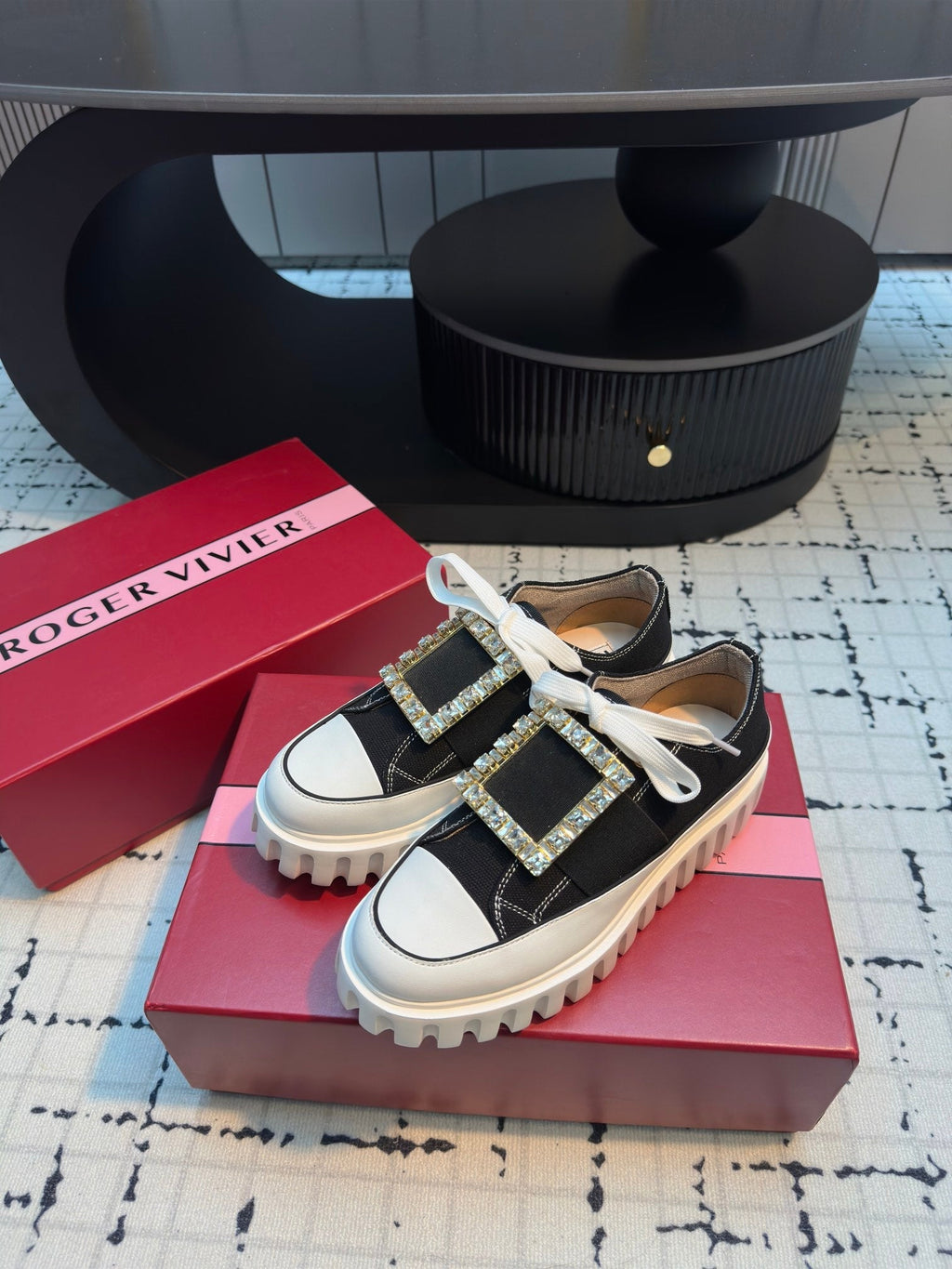 VIV' GO-THICK STRASS BUCKLE SLIP-ON SNEAKERS IN BLACK CANVAS