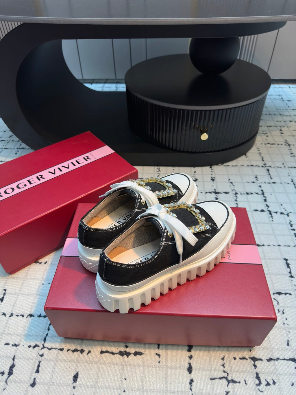 VIV' GO-THICK STRASS BUCKLE SLIP-ON SNEAKERS IN BLACK CANVAS