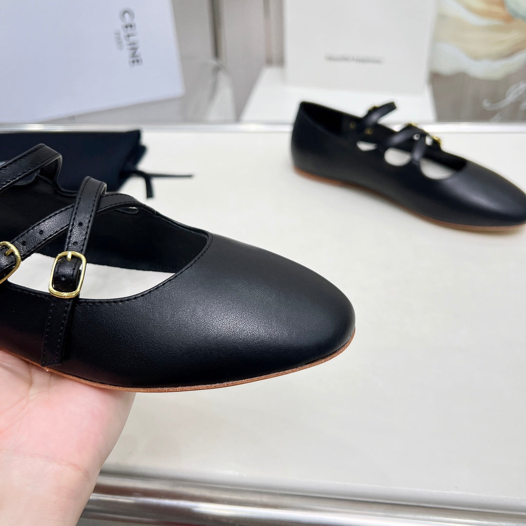 BALLET FLAT WITH CROSSOVER STRAP IN BLACK LAMBSKIN