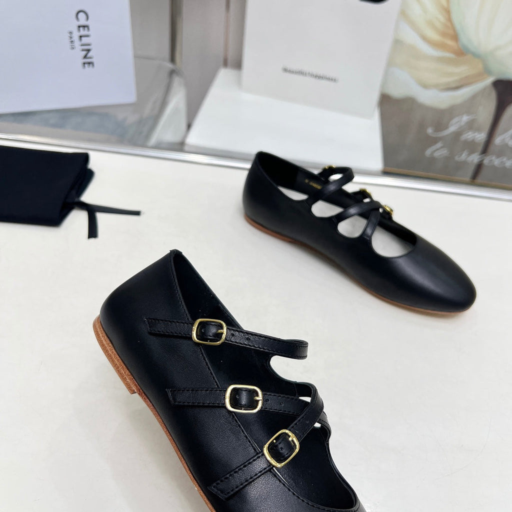 BALLET FLAT WITH CROSSOVER STRAP IN BLACK LAMBSKIN