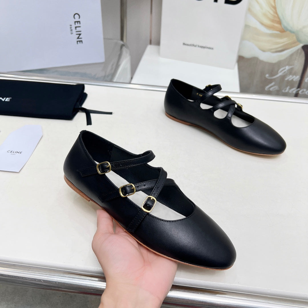 BALLET FLAT WITH CROSSOVER STRAP IN BLACK LAMBSKIN