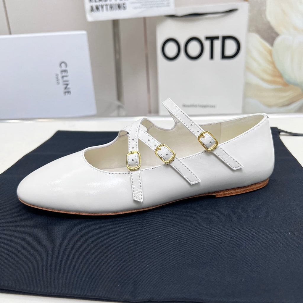 BALLET FLAT WITH CROSSOVER STRAP IN WHITE LAMBSKIN