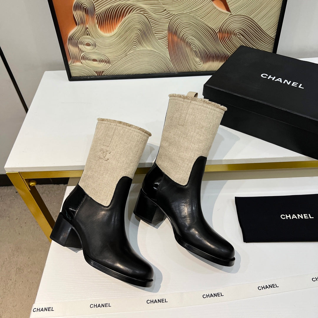 HIGH BOOTS 5.5 CM IN BLACK LAMBSKIN AND BEIGE FABRIC