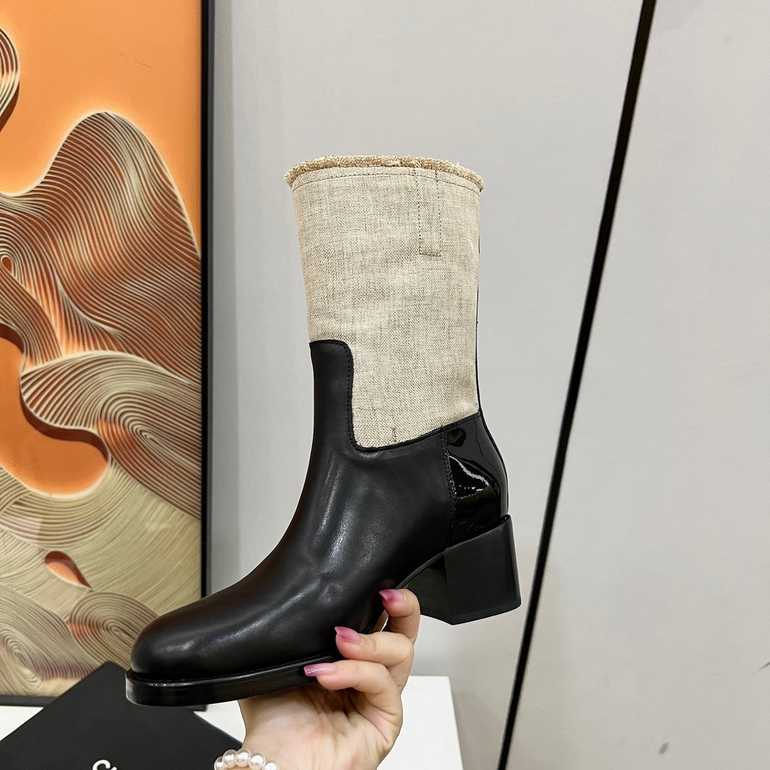 HIGH BOOTS 5.5 CM IN BLACK LAMBSKIN AND BEIGE FABRIC