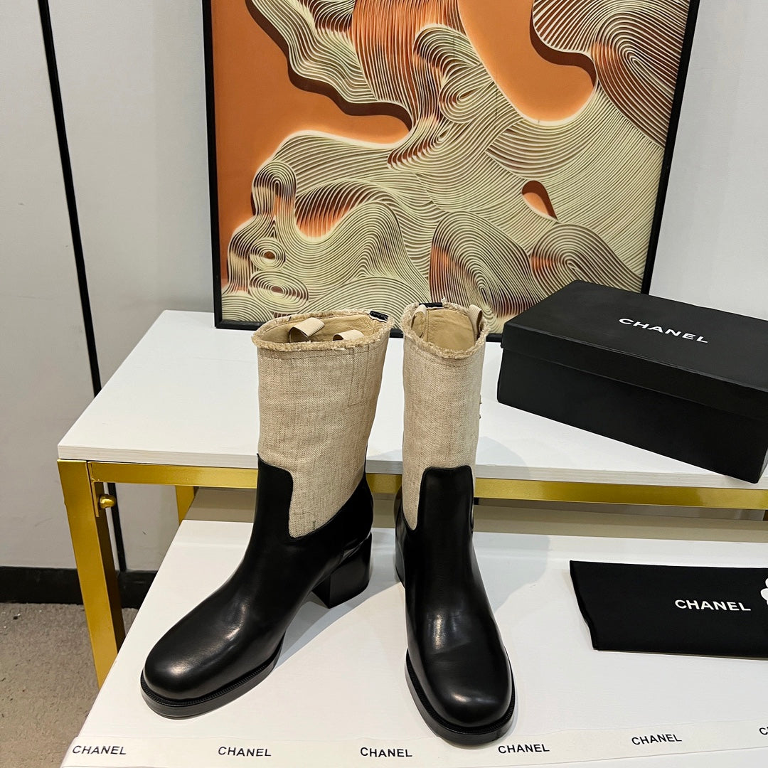 HIGH BOOTS 5.5 CM IN BLACK LAMBSKIN AND BEIGE FABRIC