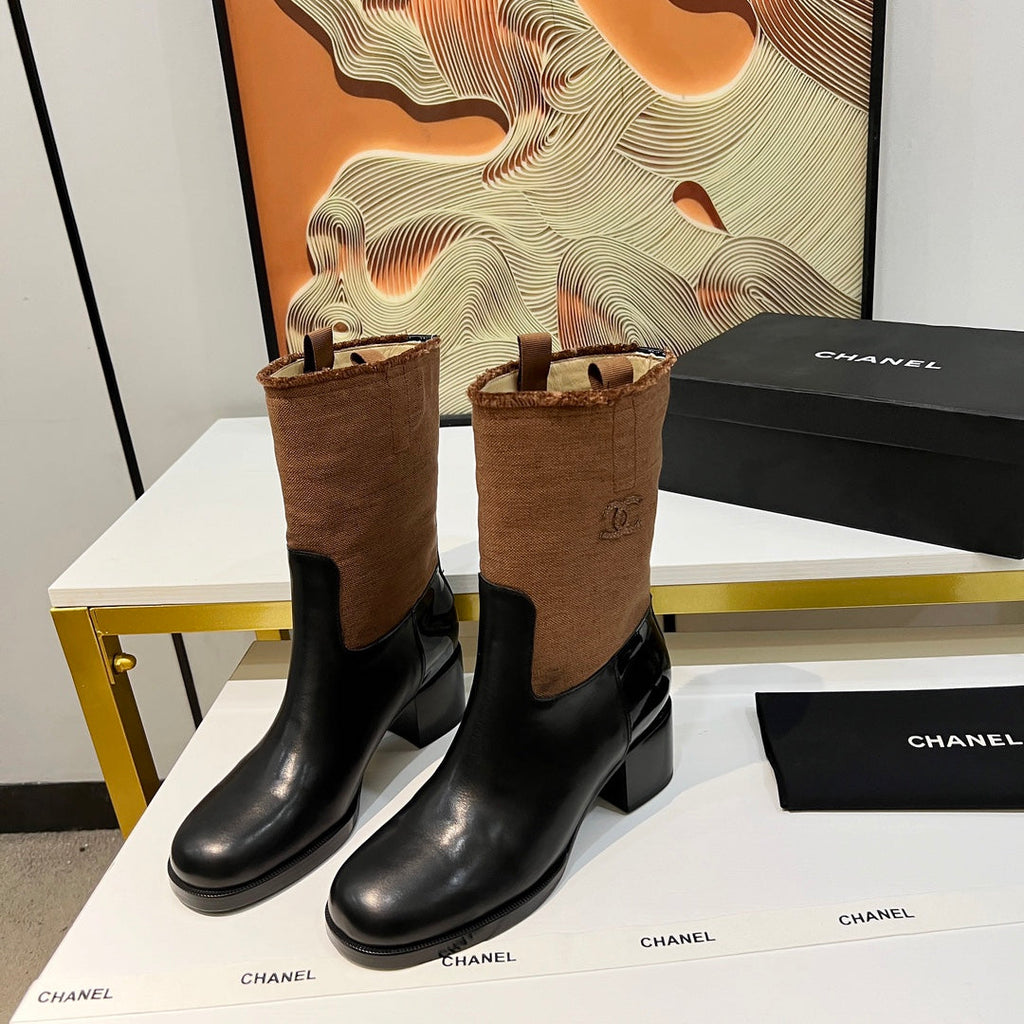 HIGH BOOTS 5.5 CM IN BLACK LAMBSKIN AND CHOCOLATE BROWN FABRIC