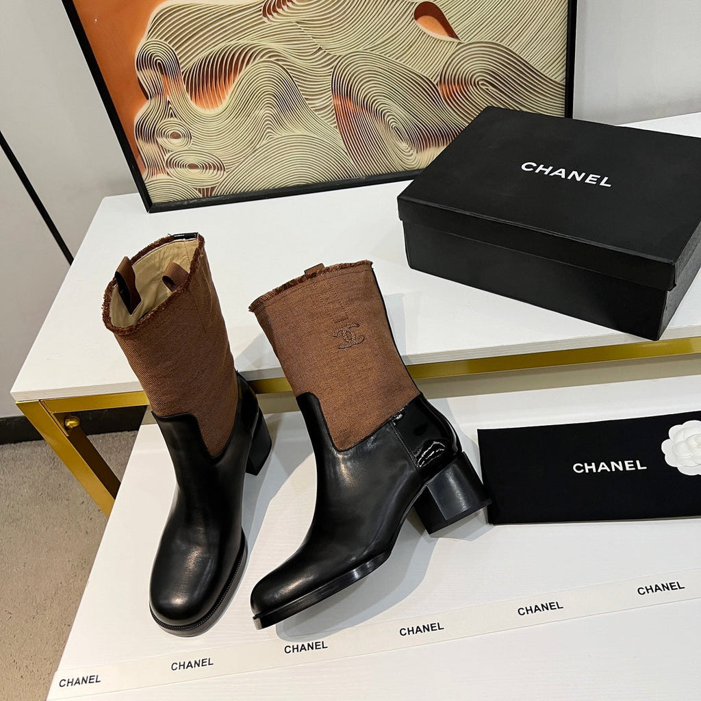 HIGH BOOTS 5.5 CM IN BLACK LAMBSKIN AND CHOCOLATE BROWN FABRIC