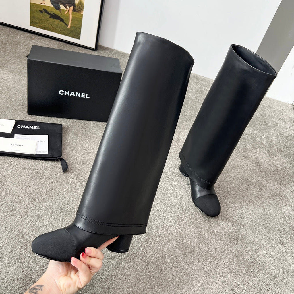 CHANEL 25S HIGH BOOTS 55MM IN BLACK CALFSKIN AND CANVAS GOLD HARDWRE