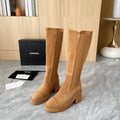 CHANEL 25S HIGH BOOTS STRETCHY SHAFT 85MM IN CARAMEL SUEDE GOLD HARDWRE