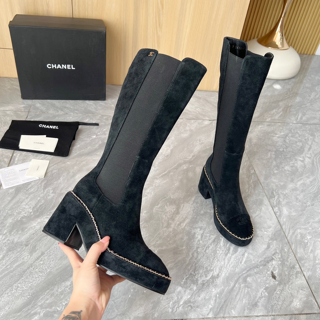 CHANEL 25S HIGH BOOTS STRETCHY SHAFT 85MM IN BLACK SUEDE GOLD HARDWRE