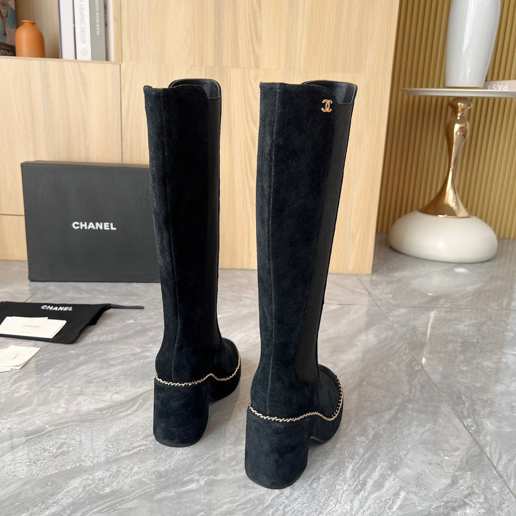CHANEL 25S HIGH BOOTS STRETCHY SHAFT 85MM IN BLACK SUEDE GOLD HARDWRE