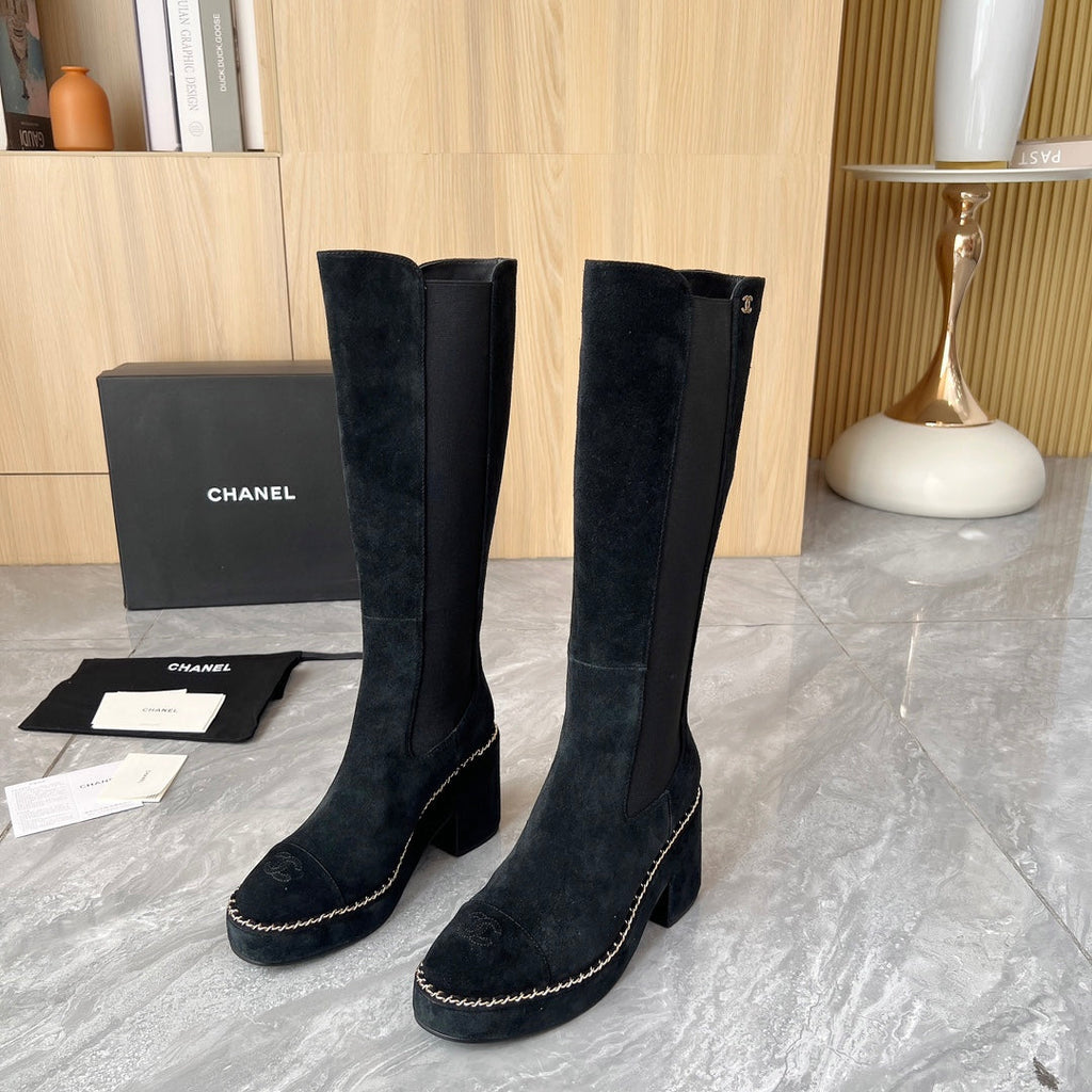 CHANEL 25S HIGH BOOTS STRETCHY SHAFT 85MM IN BLACK SUEDE GOLD HARDWRE
