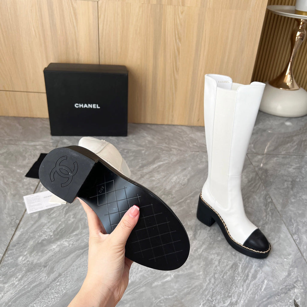CHANEL 25S HIGH BOOTS STRETCHY SHAFT 85MM IN WHITE MIX BLACK CALFSKIN GOLD HARDWRE