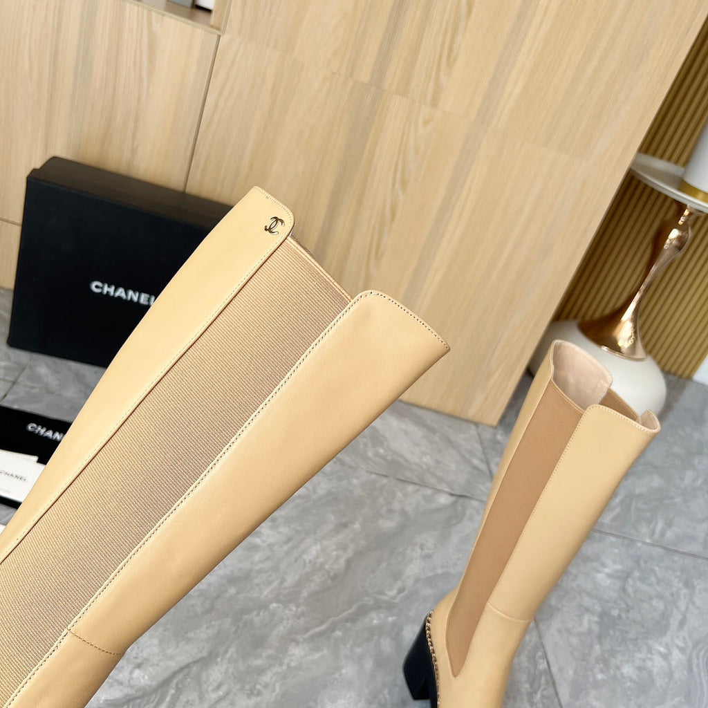 CHANEL 25S HIGH BOOTS STRETCHY SHAFT 85MM IN LIGHT BROWN CALFSKIN GOLD HARDWRE