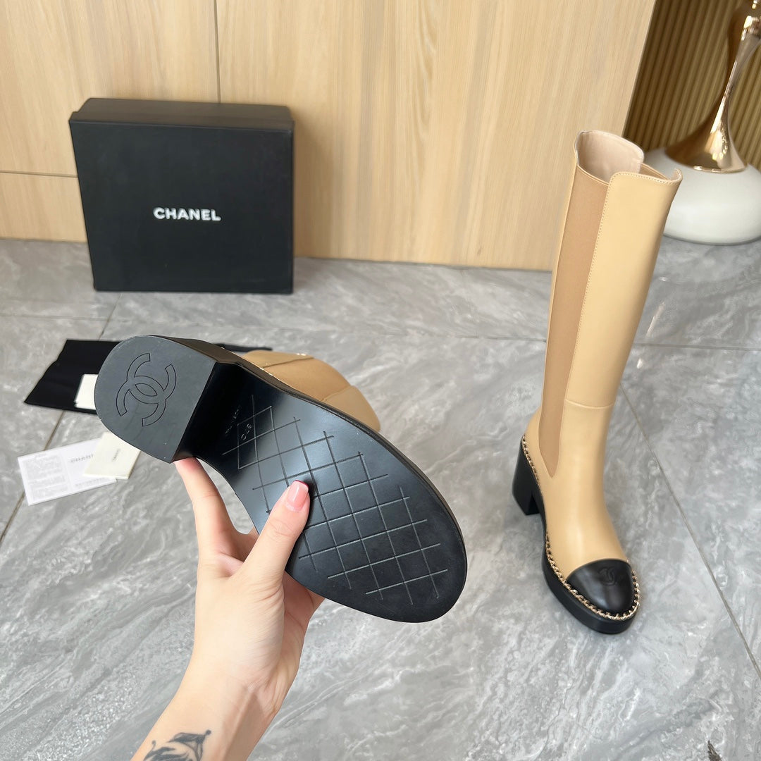 CHANEL 25S HIGH BOOTS STRETCHY SHAFT 85MM IN LIGHT BROWN CALFSKIN GOLD HARDWRE