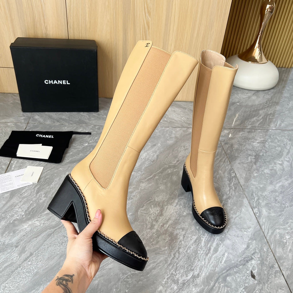 CHANEL 25S HIGH BOOTS STRETCHY SHAFT 85MM IN LIGHT BROWN CALFSKIN GOLD HARDWRE