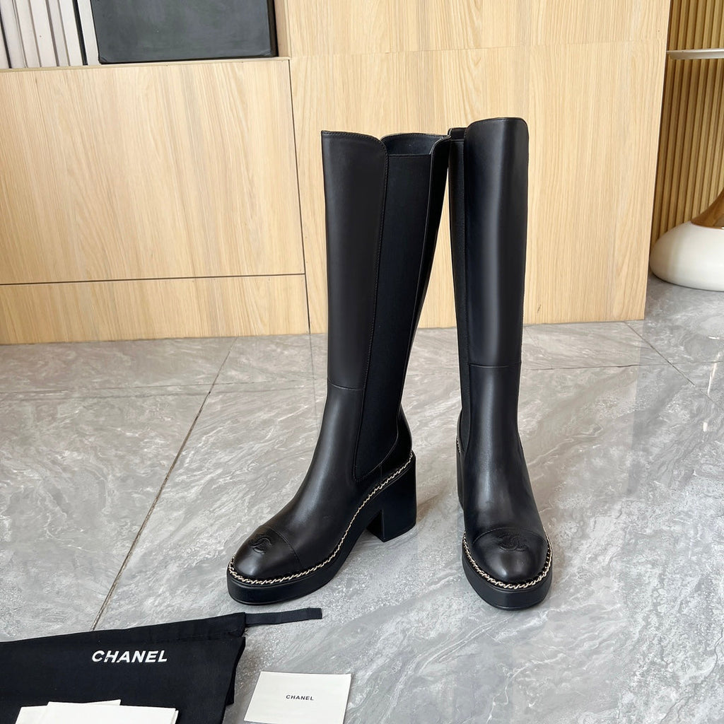 CHANEL 25S HIGH BOOTS STRETCHY SHAFT 85MM IN BLACK CALFSKIN GOLD HARDWRE