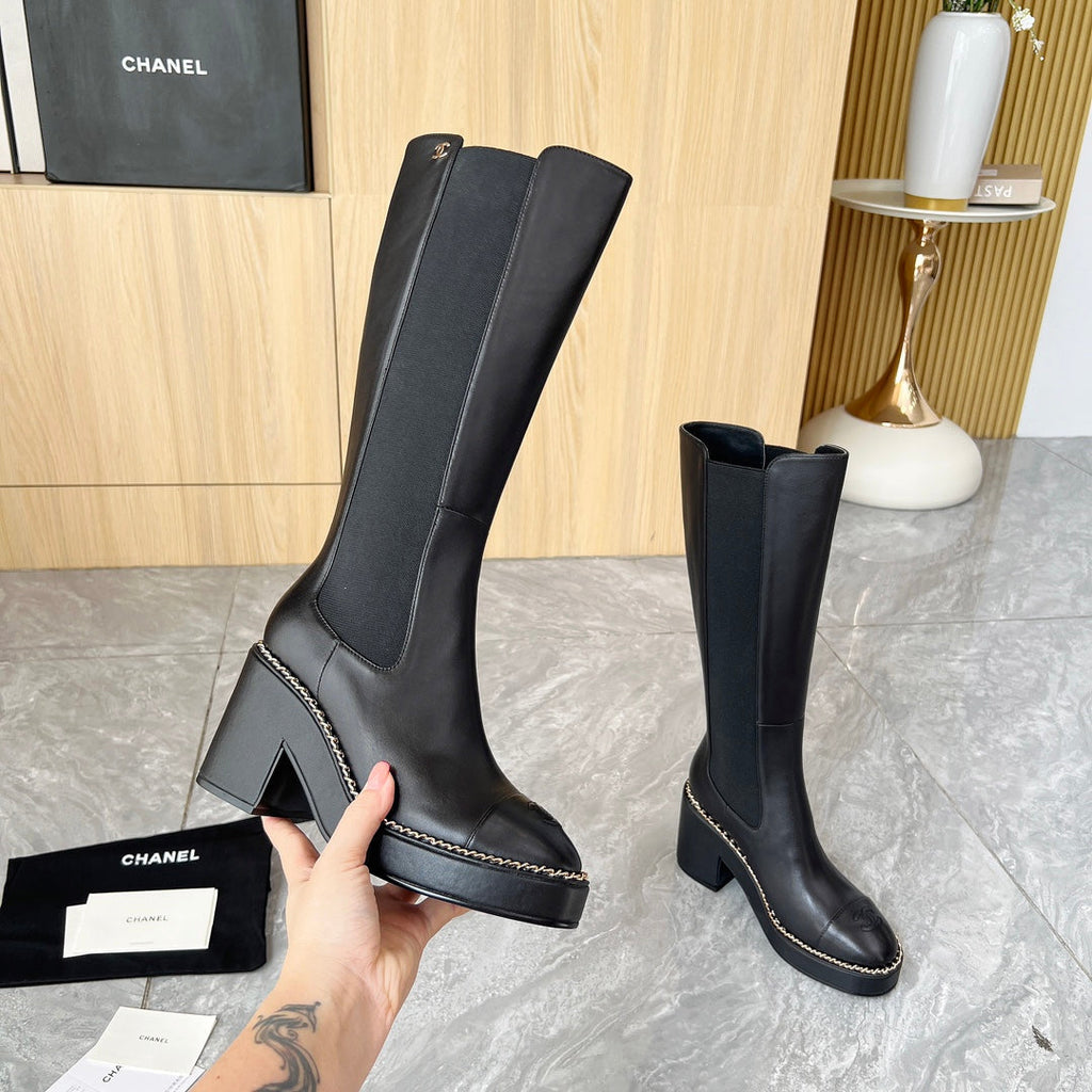 CHANEL 25S HIGH BOOTS STRETCHY SHAFT 85MM IN BLACK CALFSKIN GOLD HARDWRE