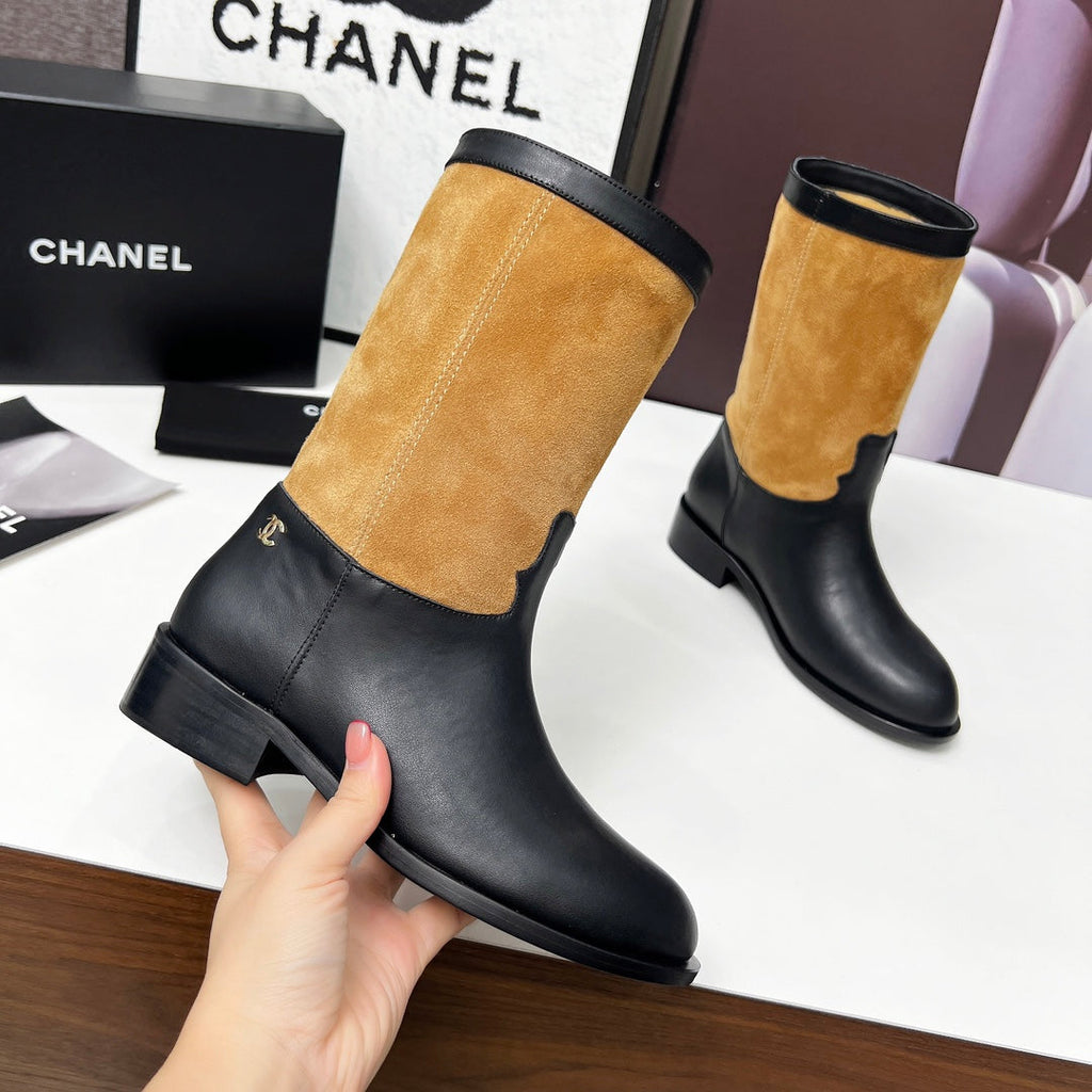 CHANEL 25S MID-CALF BOOTS 35MM IN BLACK CALFSKIN AND CARAMEL SUEDE GOLD HARDWRE