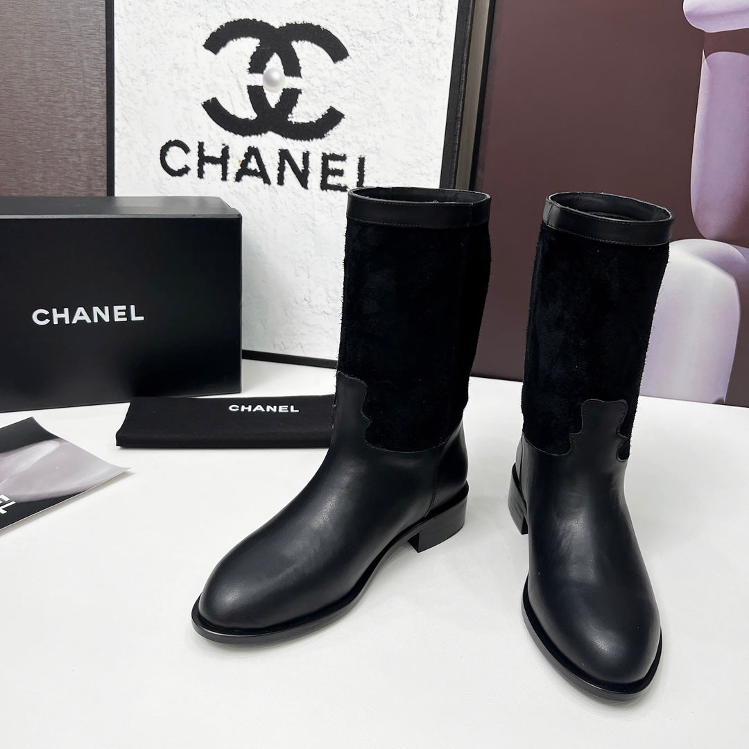 CHANEL 25S MID-CALF BOOTS 35MM IN BLACK CALFSKIN AND SUEDE GOLD HARDWRE