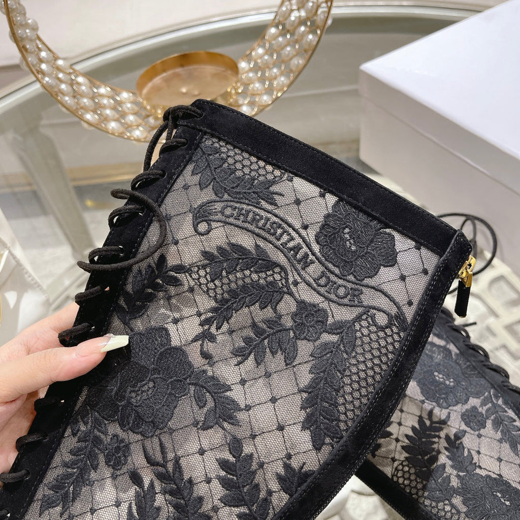 NAUGHTILY-D BOOT BLACK TRANSPARENT MESH AND SUEDE EMBROIDERED WITH ROSES MOTIF 35 MM