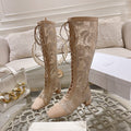 NAUGHTILY-D BOOT NUDE BEIGE TRANSPARENT MESH AND SUEDE EMBROIDERED WITH ROSES MOTIF 35 MM