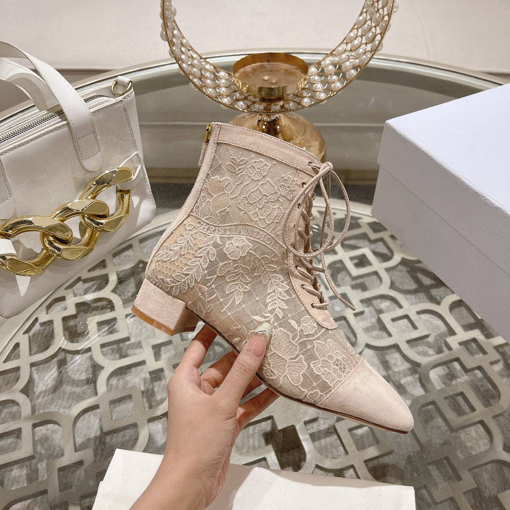 NAUGHTILY-D ANKLE BOOT NUDE BEIGE TRANSPARENT MESH AND SUEDE EMBROIDERED WITH ROSES MOTIF 35 MM