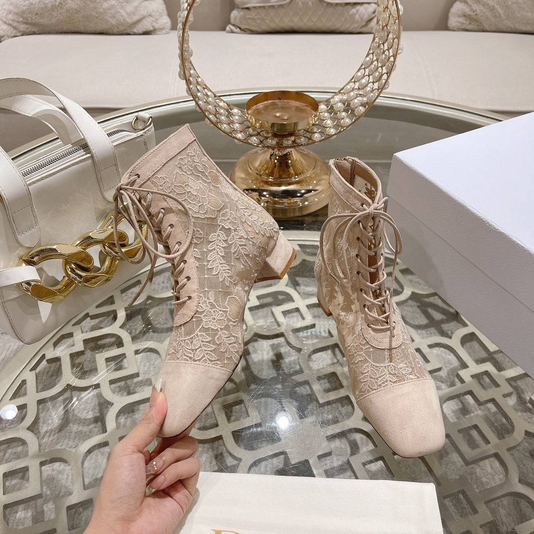 NAUGHTILY-D ANKLE BOOT NUDE BEIGE TRANSPARENT MESH AND SUEDE EMBROIDERED WITH ROSES MOTIF 35 MM