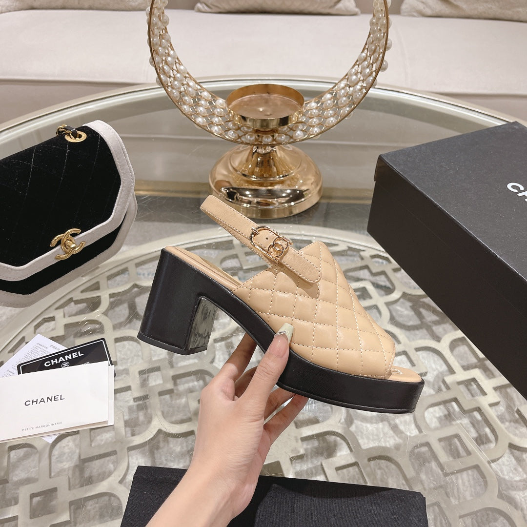 Double C  Chunky Heel Peep-Toe Open Sandals Beige Cream Lambskin