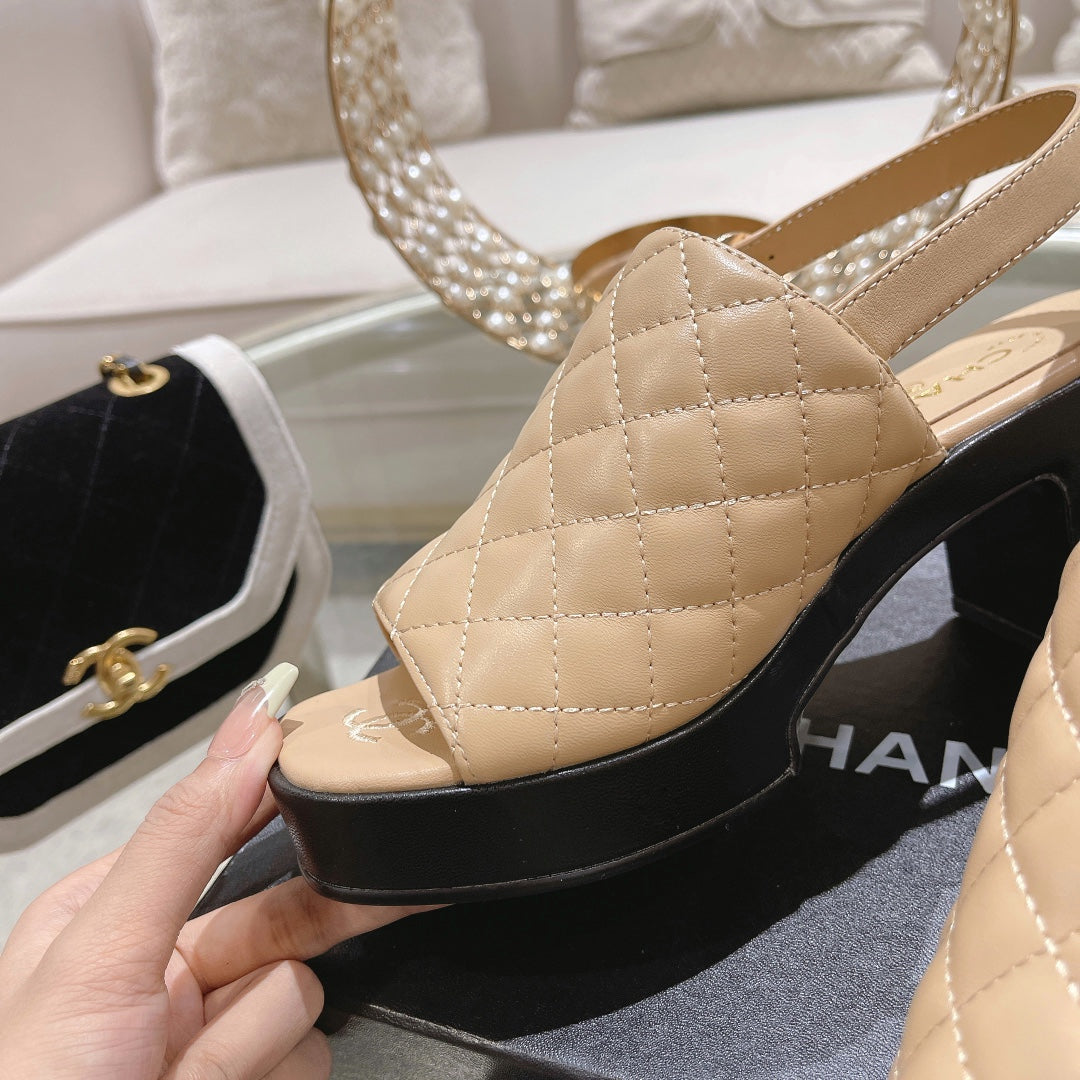 Double C  Chunky Heel Peep-Toe Open Sandals Beige Cream Lambskin