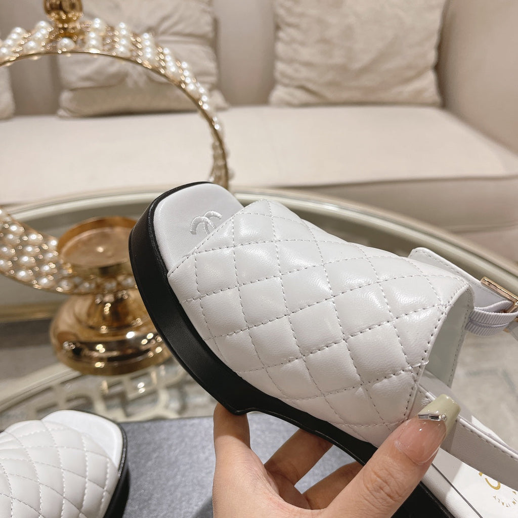 Double C  Chunky Heel Peep-Toe Open Sandals White Lambskin