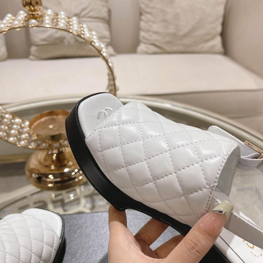 Double C  Chunky Heel Peep-Toe Open Sandals White Lambskin