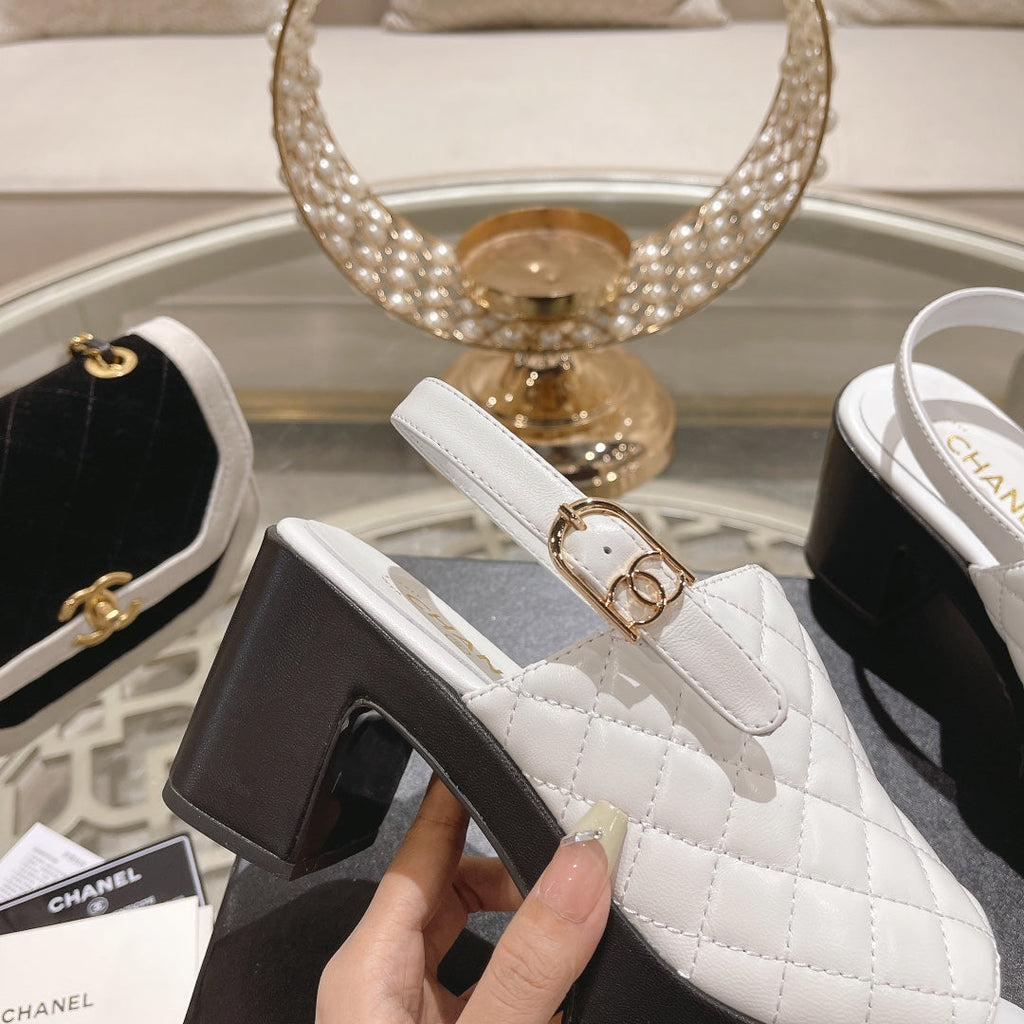 Double C  Chunky Heel Peep-Toe Open Sandals White Lambskin