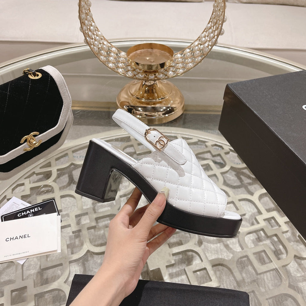 Double C  Chunky Heel Peep-Toe Open Sandals White Lambskin