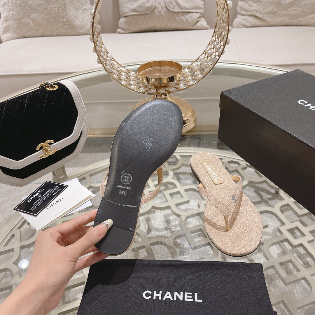 Double CC Rhinestone Flip  Flop Thongs Beige Cream Sheepskin