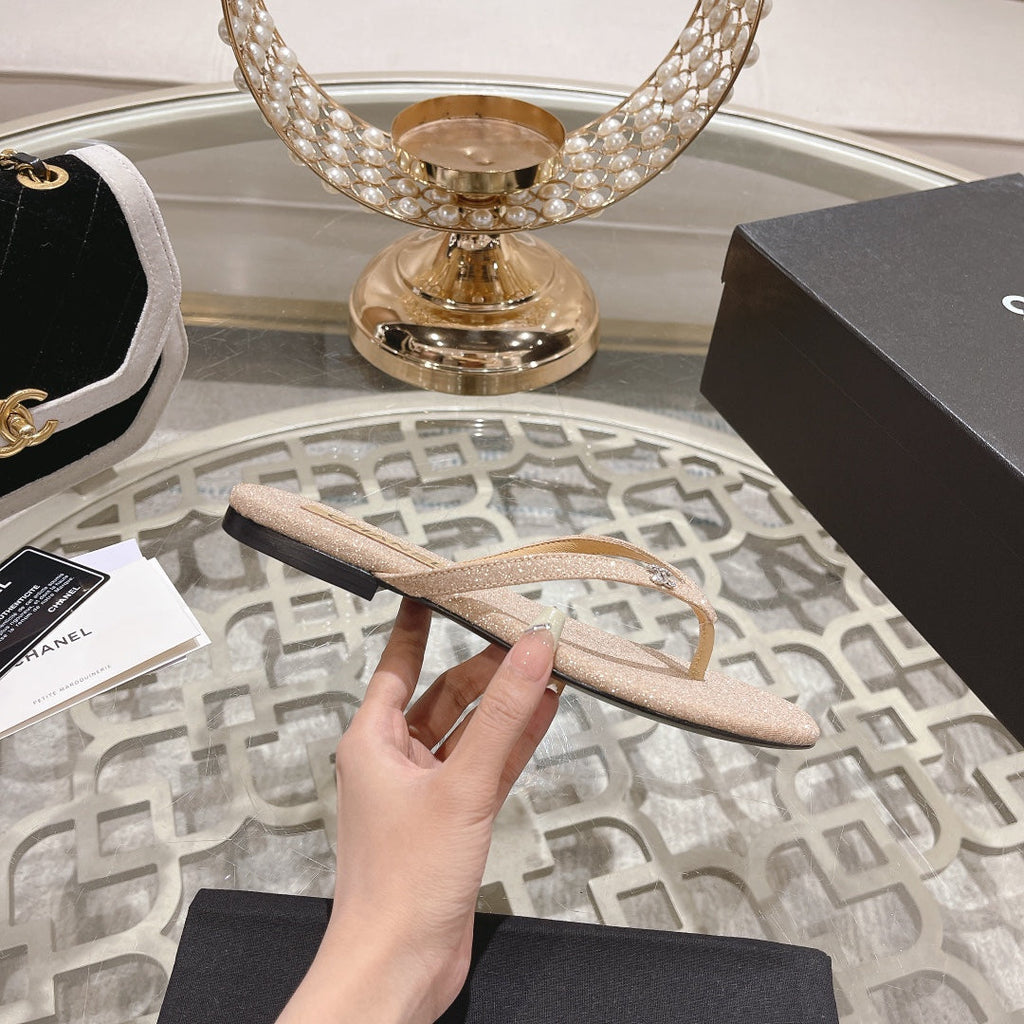 Double CC Rhinestone Flip  Flop Thongs Beige Cream Sheepskin