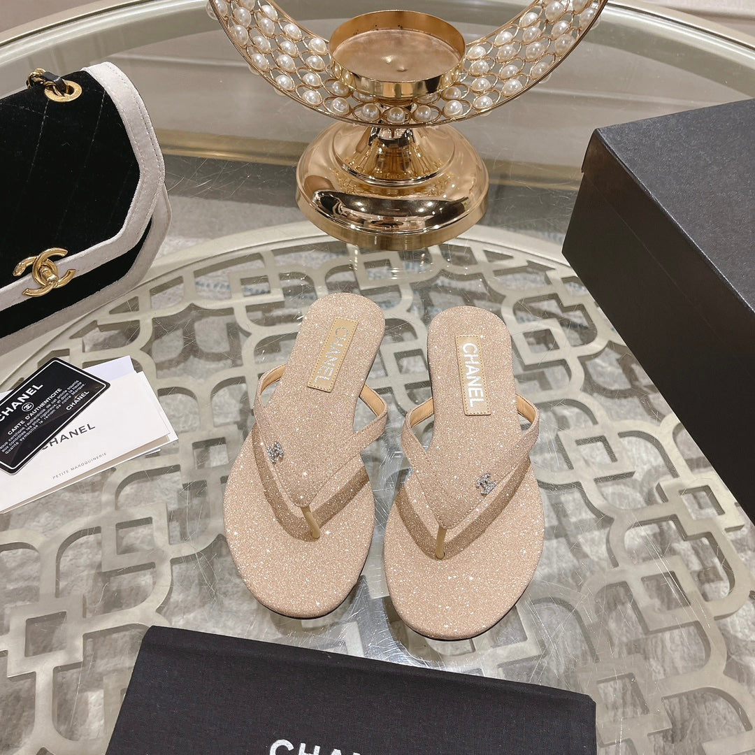 Double CC Rhinestone Flip  Flop Thongs Beige Cream Sheepskin